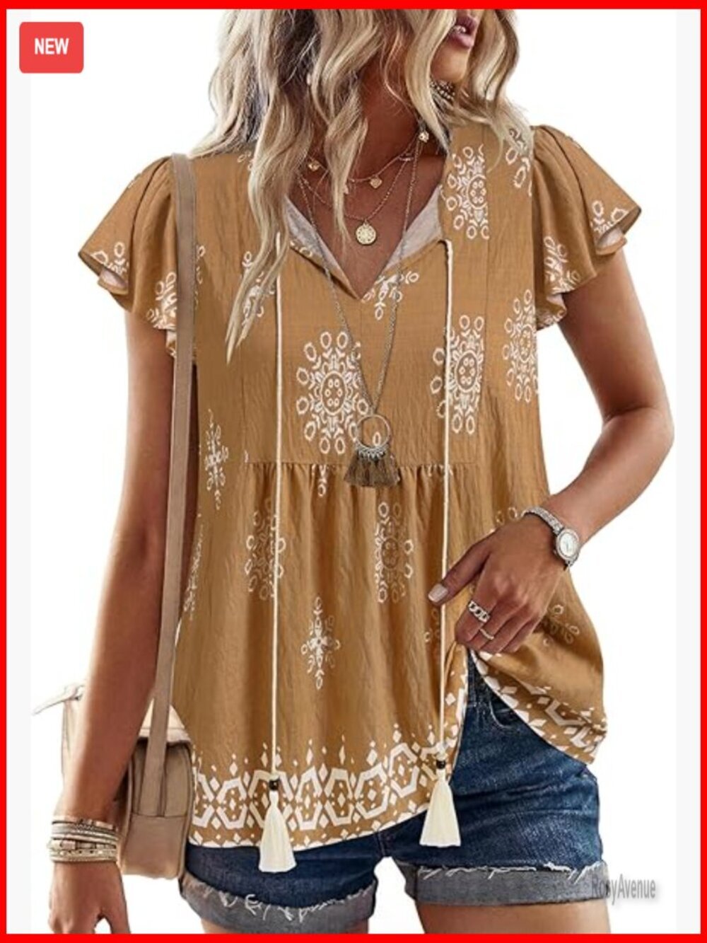 Boho Ruffle Short Sleeve Peasant Blouse Tie Front Tunic